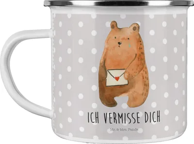 Produktbild von Mr. & Mrs. Panda Pott Bär Liebesbrief - Grau Pastell - Geschenk, Partner, Blechtasse, Tasse Emaille, Teddy, Sehnsucht, Freund, Teetasse, Freundin, Kaffeepott