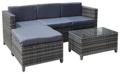 Produktbild von Polyrattan Lounge Gartensofa Set Hocker Tisch Sitzgruppe Grau Rattanmöbel Liege