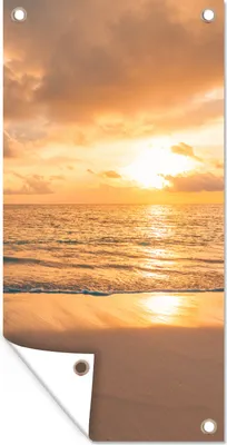 Produktbild von MuchoWow® 40x80 cm Outdoor-Poster Gartendeko Sichtschutz Garten Poster für den Garten  Strand - Sommer - Sonnenuntergang - Wolken - Meer
