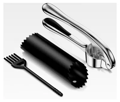 Produktbild von Edelstahl Knoblauchpresse und Ingwerpresse – Zinklegierung – ergonomisch, hohe Hebelwirkung – inklusive Knoblauchschäler und Reinigungsbürste - für Knoblauch und Ingwer