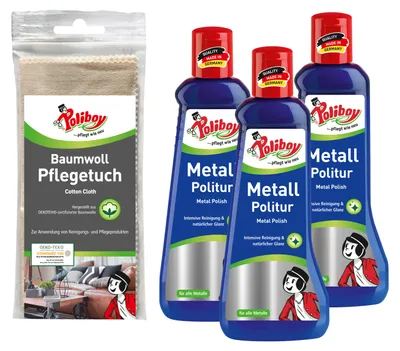 Produktbild von Poliboy Metall Politur - 3x200ml - Poliermittel für glänzende Metalle - Metallpflegemittel mit Anlaufschutz - Mit Baumwolltuch - 99A4701
