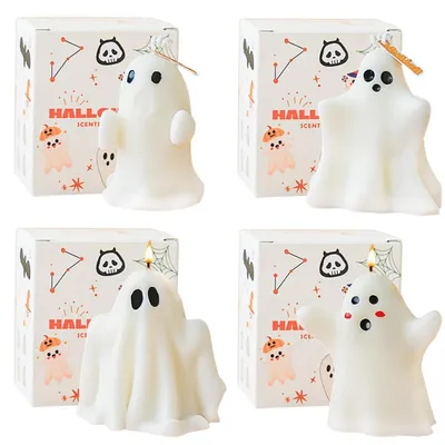Productafbeelding van Halloween kaarsen, spookthema, sojawas, geurkaars, set van 4 stuks, cadeau, decoratie, herfst, verjaardag