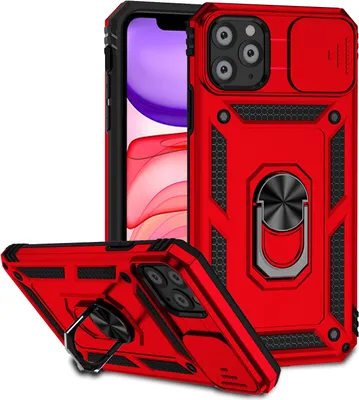 Image de Étui pour iPhone 11 Pro Max étui double couche avec couvercle coulissant pour appareil photo et anneau de support rouge