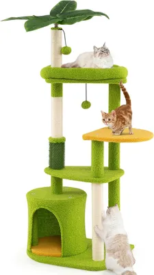 Image de Arbre à chat - Colonne à griffer - 4 niveaux - Sisal - Grotte pour chat - Brosse - Balles suspendues - Feuilles artificielles - Vert