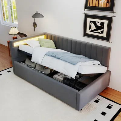Produktbild von MODFU Polsterbett,Schlafsofa Daybett 90x200cm,Ohne Matratze,mit LED-Beleuchtung und hydraulischem Stauraum,seitliche Kopfteile mit austauschbaren Positionen,Samtstoff,Grau
