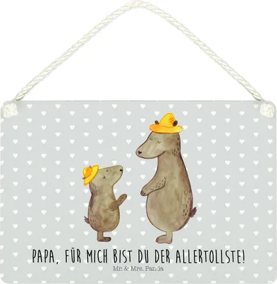 Produktbild von Mr. & Mrs. Panda Deko Wandbild Bären mit Hut DIN A4 - Grau Pastell - Geschenk, Family, Vatertag, Papa, Familie, wandtafel, Holzschild, holzbild, Holz, Schild, Türschild