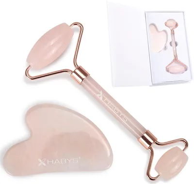 Produktbild von Gua Sha Massage-Set aus echtem Rosenquarz | Stein & Roller für Gesichtsmassage | Hautpflege & Anti-Aging reduziert Schwellungen | Geschenkbox
