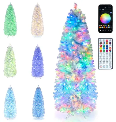 Imagen del producto de COSTWAY, árbol de Navidad artificial de 190 cm de altura, estrecho, con 734 puntas de PVC, árbol de pino con 270 luces LED, soporte de metal y sistema plegable, árbol de Navidad blanco