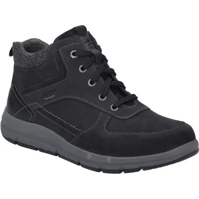 A black leather boot with grey accents and sole, shown from a side angle on a white background.