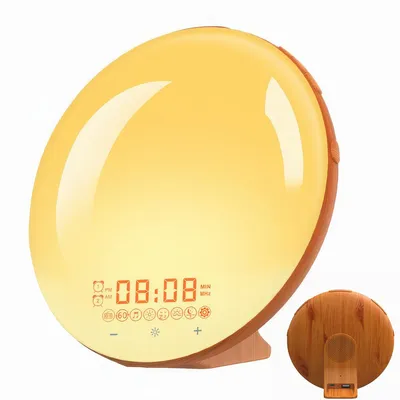 Produktbild von Wake-Up Lichtwecker mit Sonnenaufgang, für Kinder & Tiefschläfer, mit Weißrausch, 7 Nachtlichtern, 9 Naturklängen, Doppelalarm, FM-Radio, Holzoptik