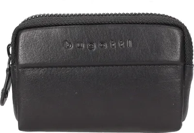 A black leather key pouch with the brand name embossed on it.