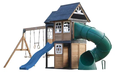 Produktbild von AXI Noud Spielturm aus Holz mit 2 Schaukeln & Rutsche in Blau & Röhrenrutsche | XXL Spielhaus / Spielplatz für Kinder mit Klettergerüst & Trapez |