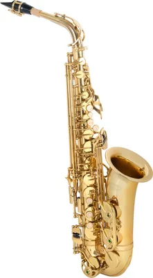 A studio shot of a saxophone on a white background.