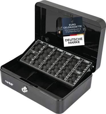 A black metal cash box with an open lid, revealing coin compartments and banknote sections.