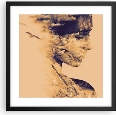 Produktbild von Gerahmtes Poster - Schwarzer Rahmen - Frau Vögel Fotomontage - 40x40 cm - Wand Bild - Wanddeko - Wandbilder - Kunstposter - Wandposter - Bilderrahmen - Bilder - Kunstdruck - Wandbild - P2BAC40x40-4246