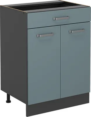 A studio shot of a kitchen base cabinet.