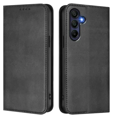 A black leather flip case for a smartphone is shown from two angles, open and closed.