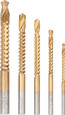 A set of five drill bits of varying sizes, arranged in a row against a white background.