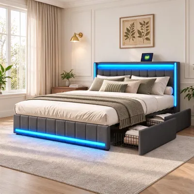 Productafbeelding van INONEFT Gestoffeerd bed 140 x 200 cm met LED-verlichting en USB-poorten, bekleed tweepersoonsbed met 4 lades en lattenbodem, bed voor jongeren, bed met opbergruimte, linnen, donkergrijs