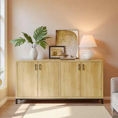Image de Buffet moderne avec 4 portes, largeur de 160 cm, meuble de rangement avec pieds en métal, meuble de cuisine avec étagères réglables, pour salle à manger (couleur bois naturel, 160 x 35 x 80)
