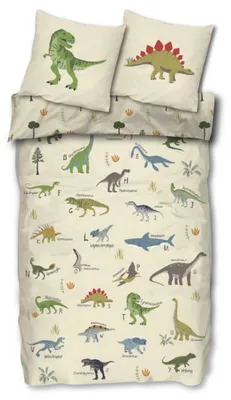Produktbild von SkyBrands Dinosaurier Kinderbettwäsche 135x200 cm – Dino ABC Wendebettwäsche mit Reißverschluss, 2-teilig (80x80 cm Kissen), 100% Baumwolle,  Standard 100, Motiv: T-Rex & Stegosaurus