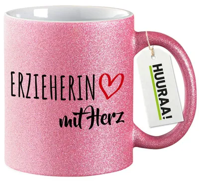 Produktbild von Huuraa Glitzertasse Erzieherin mit Herz 330ml Pink Keramik Kaffeebecher Geschenkidee