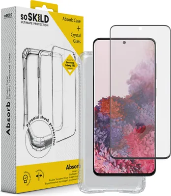 A product packaging box and a phone case with a screen protector.