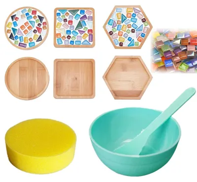 Obrázok produktu pre Sada na výrobu mozaiky pre deti, obsahuje materiál na vytvorenie 3 podložiek pod poháre, 150 g farebných mozaikových kamienkov a príslušenstvo