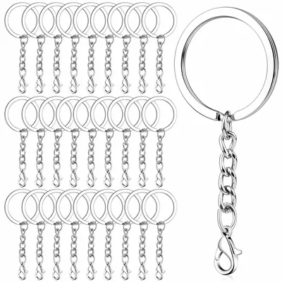 Schlüsselringe 25 mm, 100 Stück mit Kette und Karabiner, silber
