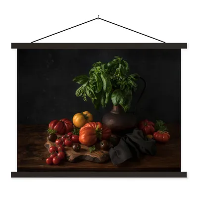 Produktbild von MuchoWow® Textilposter Stilleben - Tomaten - Basilikum - Gemälde - Gemüse - Schwarz 150x113 cm mit schwarzem Rahmen - Wohnzimmer