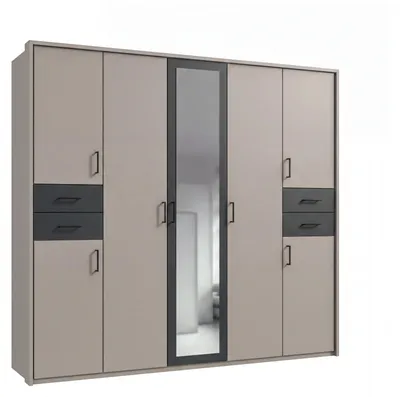 Produktbild von Drehtürenschrank Kleiderschrank 228cm Passepartout Spiegel Sand Grau mit Grafit / 22573