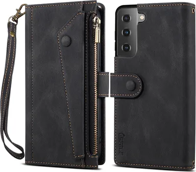 Produktbild von Schutzhülle für Samsung Galaxy S21 FE 5G Reißverschluss Hülle, Leder Klapphülle Kartenfach Standfunktion Brieftasche mit Trageband Schwarz