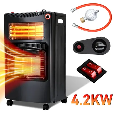 Obrázek produktu pro Clanmacy plyn+elektřina plynový ohřívač plynový ohřívač plynový sporák sálavý ohřívač 4,2 KW plynový krb včetně regulátoru + hadice + svorky plynový ohřívač butan nebo propan plynové lahve do 15 kg černé barvy