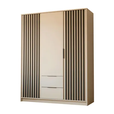 Produktbild von Dreitüriger Kleiderschrank NELA mit Lamellen 155 cm, Kaschmir / Kaschmir + Schwarz