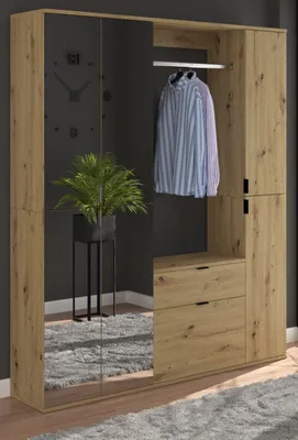 Produktbild von Garderobe Set "Line-Up" Eiche Garderobenschrank mit Spiegel 152 x 193 cm