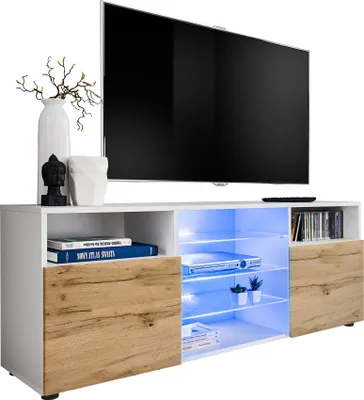 Produktbild von Komodee | TV-Schrank mit 3 Glasböden und 2 Türen Urbino, Korpus Weiß Matt Frontfarbe Wotan Matt