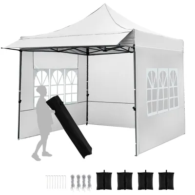 Image de Pavillon COSTWAY 3 x 3 m, pavillon de jardin « pop-up » avec 3 parois latérales, 4 sacs de sable et un sac de transport à roulettes. Pavillon pliable à 3 niveaux de hauteur réglables. Tente de fête et protection solaire