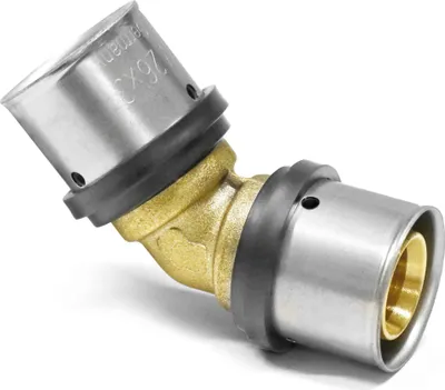 Produktbild von Pipetec Press-Winkel 45° gleichseitig für Alu Verbundrohr Größe: 45° 32 x 3 mm