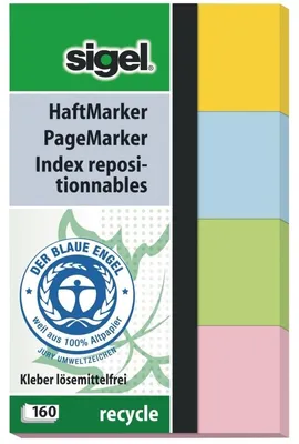 Produktbild von SIGEL HN604 Haftmarker Recycle, gelb, blau, grün, rot, 50x20 mm, 160 Streifen