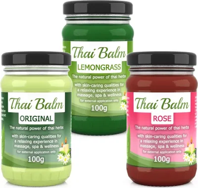 Produktbild von Wang Prom - Thai Balm Set für Massage: 100g Thai Herbs Original, 100g Zitronengras, 100g Rose