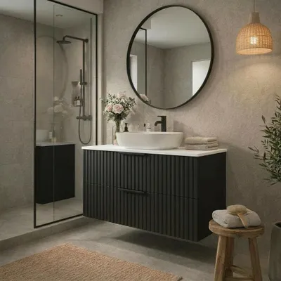 Produktbild von Waschtisch mit Unterschrank TIBU Schwarz 80x50x46 geriffelter Front 2 Schubladen Badezimmer Badmöbel