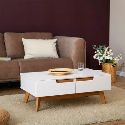 A living room scene with a couch and coffee table.