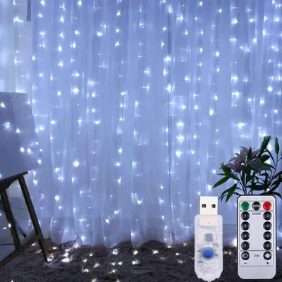 Produktbild von 3X3M 300 LED Lichtervorhang 8 Lichtmodi Innen Außen Weihnachten Deko USB Lichterkette mit Fernbedienung, Weiß