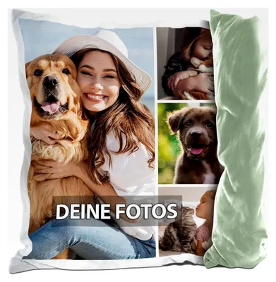 Produktbild von Fotokissen mit individueller Collage - 4 Fotos personalisieren - Geschenk für Familie und Freunde | Rückseite in Grün, inkl. Kissenfüllung, 40x40cm