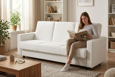 Produktbild von Schlafsofa ALICJA B Boston – mit Schlaffunktion, Kunstleder in Weiß, Family Meble, KI-generiertes Bild