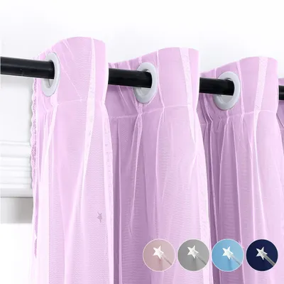Produktbild von Gardine Aushöhlen Stern Vorhang Doppellagiger Voile Blickdicht Ösenschal für Schlafzimmer Kinderzimmer, Lila, 130x243cm