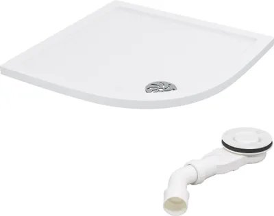 A white shower tray and a white drain assembly are shown against a white background.
