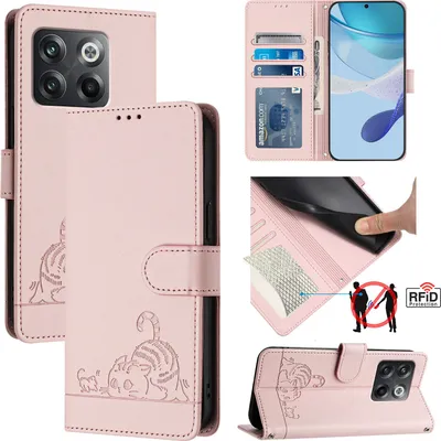Produktbild von Leder Hülle für OnePlus Ace Pro/OnePlus 10T Süße Katze Flip Case Brieftasche Schutzhülle mit Standfunktion Pink