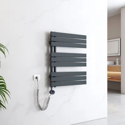 Zdjęcie produktu dla EMKE Suszarka do ręczników Elektryczny asymetryczny grzejnik łazienkowy z termostatem czasowym Podgrzewacz ręczników 762 x 600 mm Antracytowy grzejnik łazienkowy z prętem grzewczym 400 W