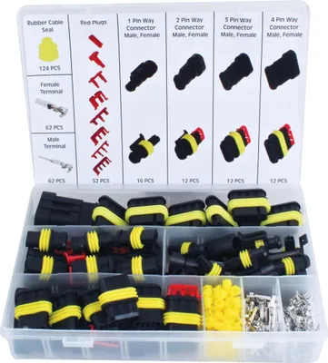 A clear, well-lit shot of a product kit containing various electrical connectors and seals, neatly organized within a transparent plastic case. The top lid displays labels and images of the different connector types included in the kit.